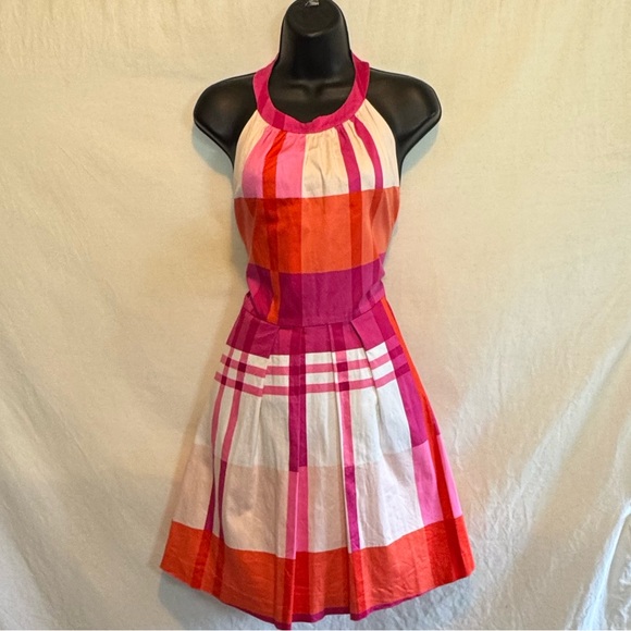 D-197 Cynthia Rowley PLUS SIZE 14 Pink Orange & White Plaid Backless MIDI‎ Dress - Picture 1 of 14